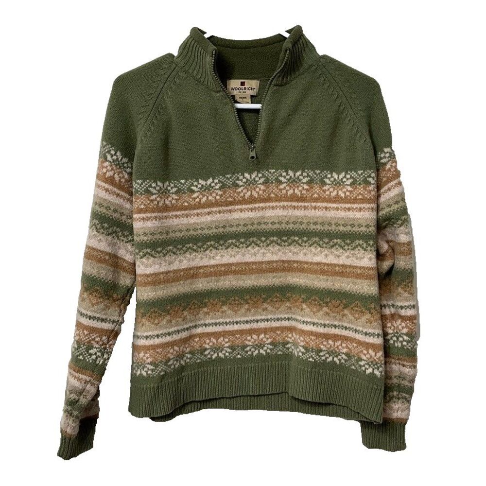 Woolrich Women's Large Green Lambswool Mock Neck 1/4 Zip Fair Isle Ski Sweater